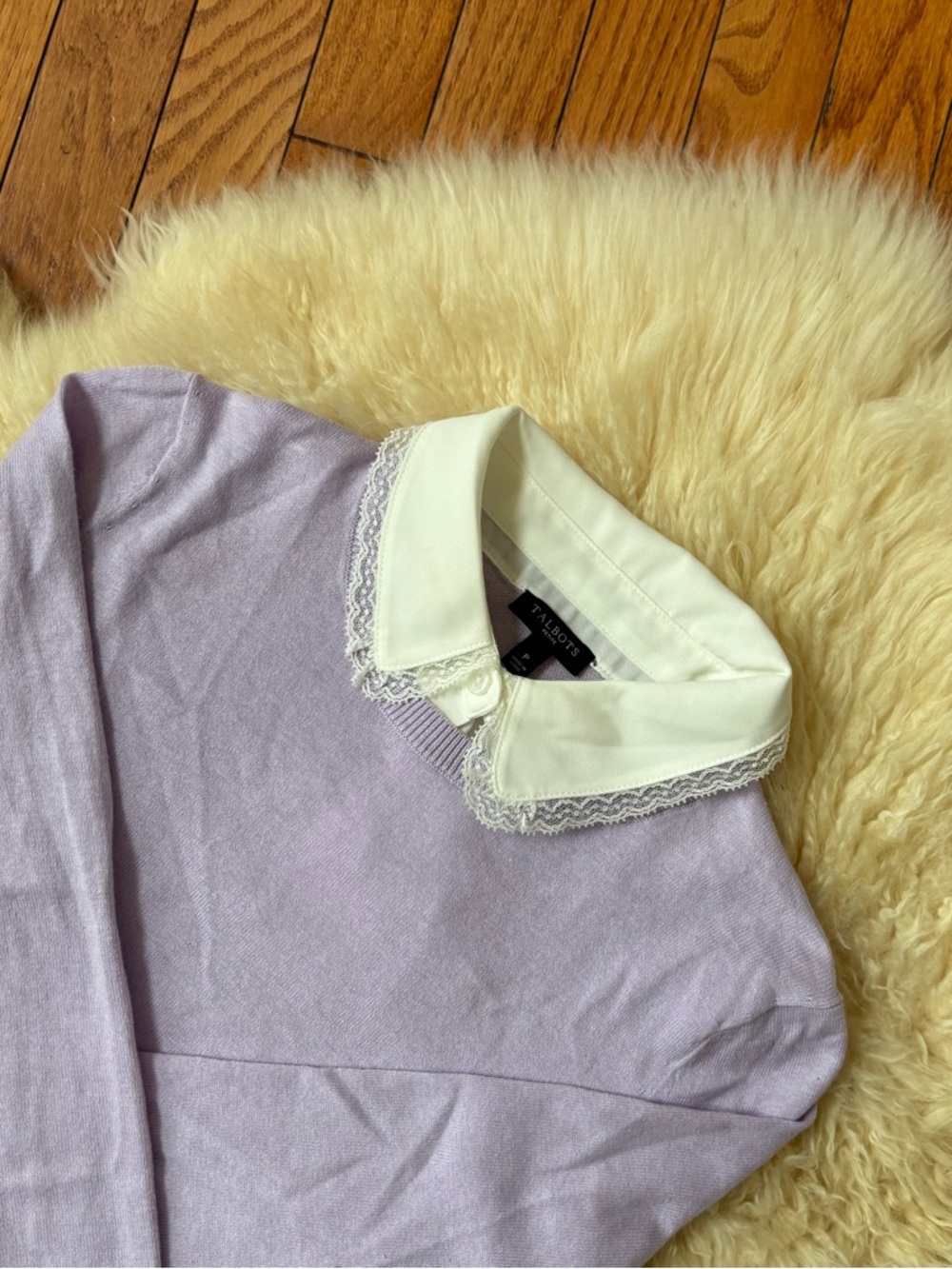 Lilac Sweater with White Lace Collar